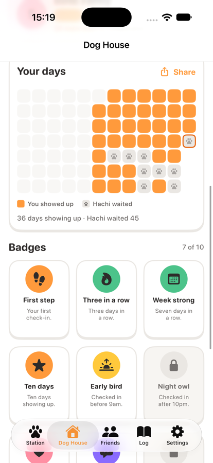 The Dog House: a bond level card and a grid of days filled with orange squares and paw prints.