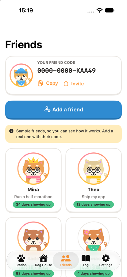 The Friends tab: a friend code card and a grid of friends' unique dogs wearing crowns, glasses and scarves.