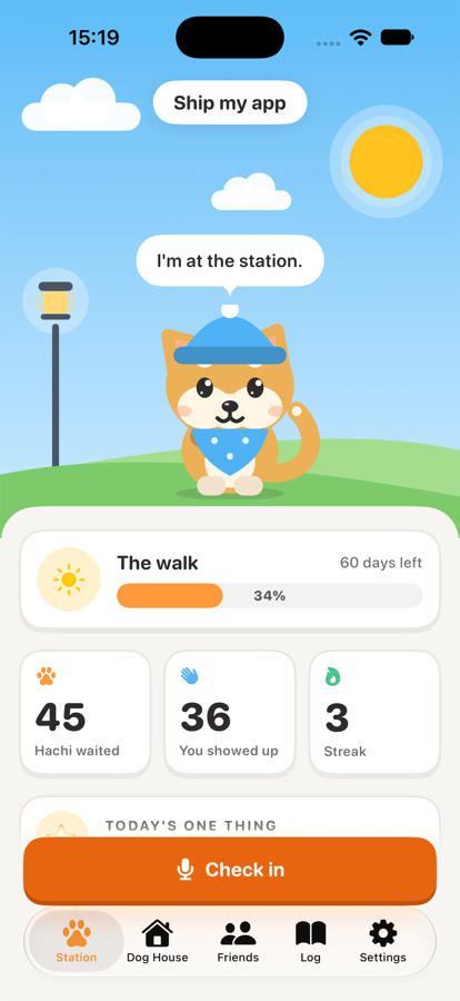 The Hachi station: a shiba waiting under a sunny sky, with 45 days waited, 36 days showed up and a 3-day streak.